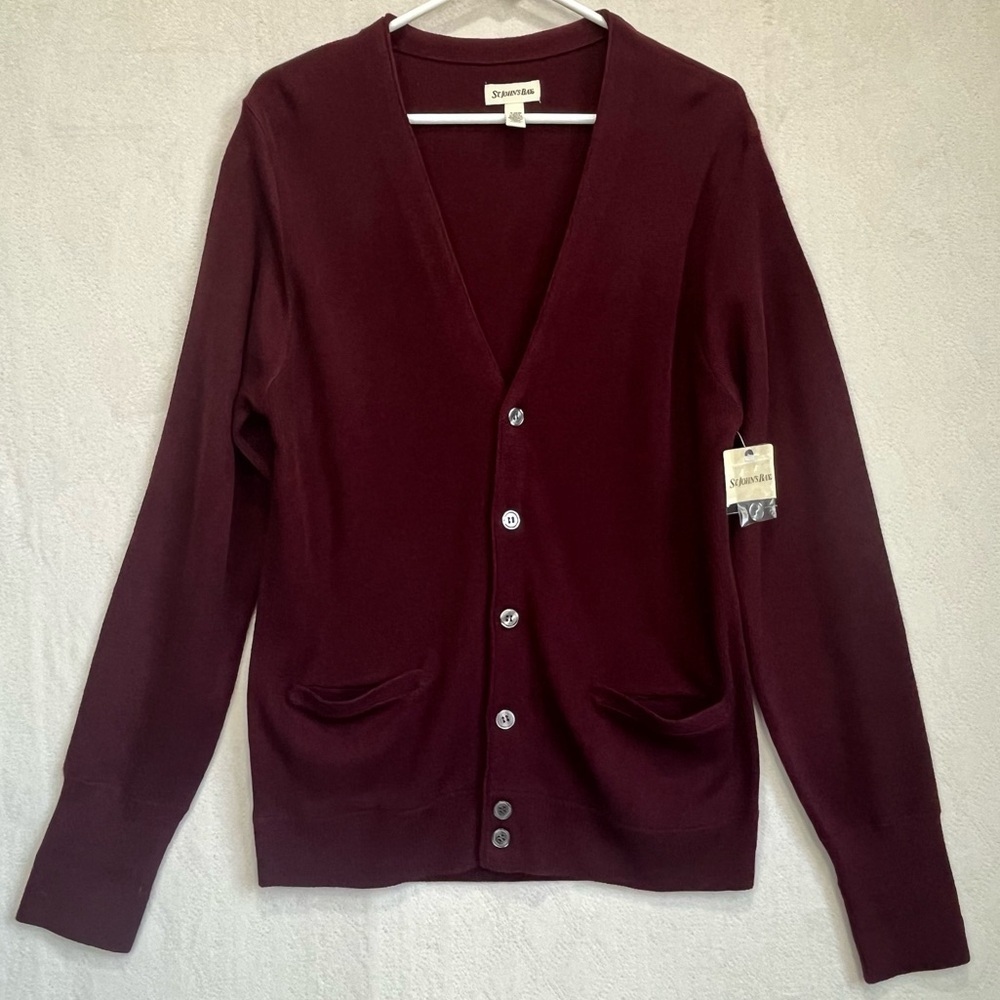 NWT St. Johns Bay Burgundy Grandpa V-Neck Collar Cardigan Sz S Pockets